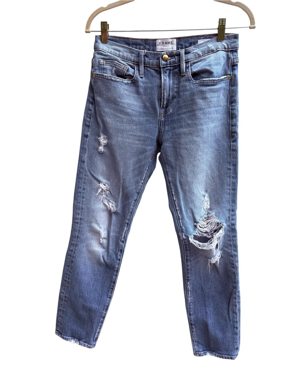 FRAME Le Boy Distressed Boyfriend Jeans Size 27 Medium Wash Denim